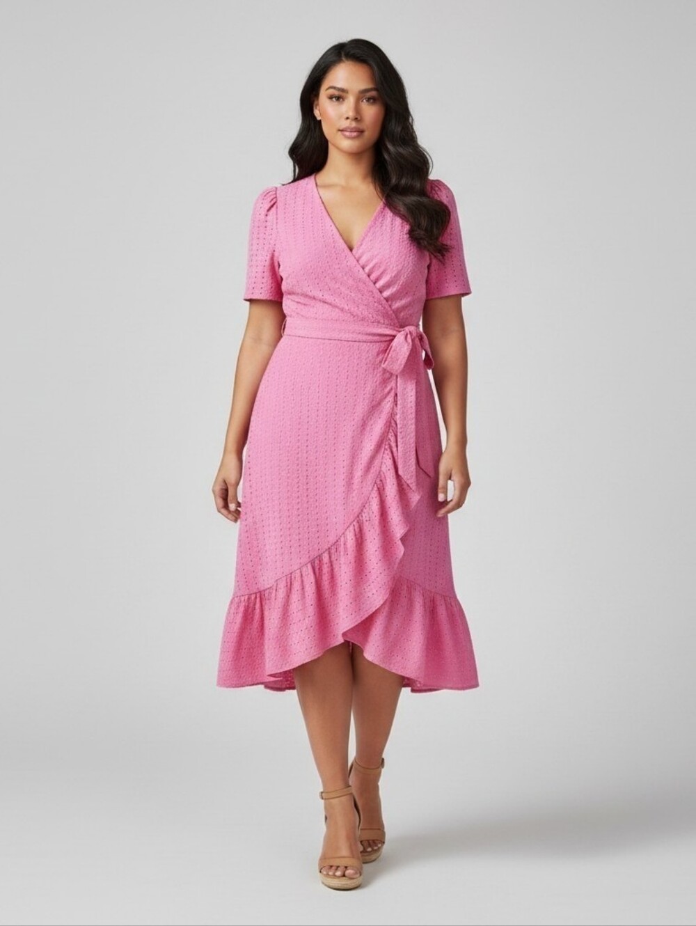 London Times Eyelet Midi Wrap Dress Ruffle Front Hem In Cyclamen Pink, EUC, 20W